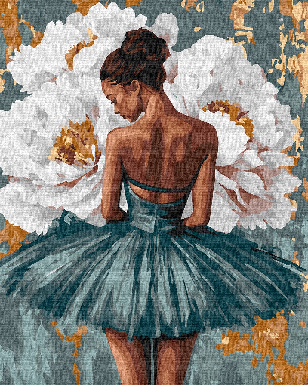 Балерина з білими півоніями з фарбами металік