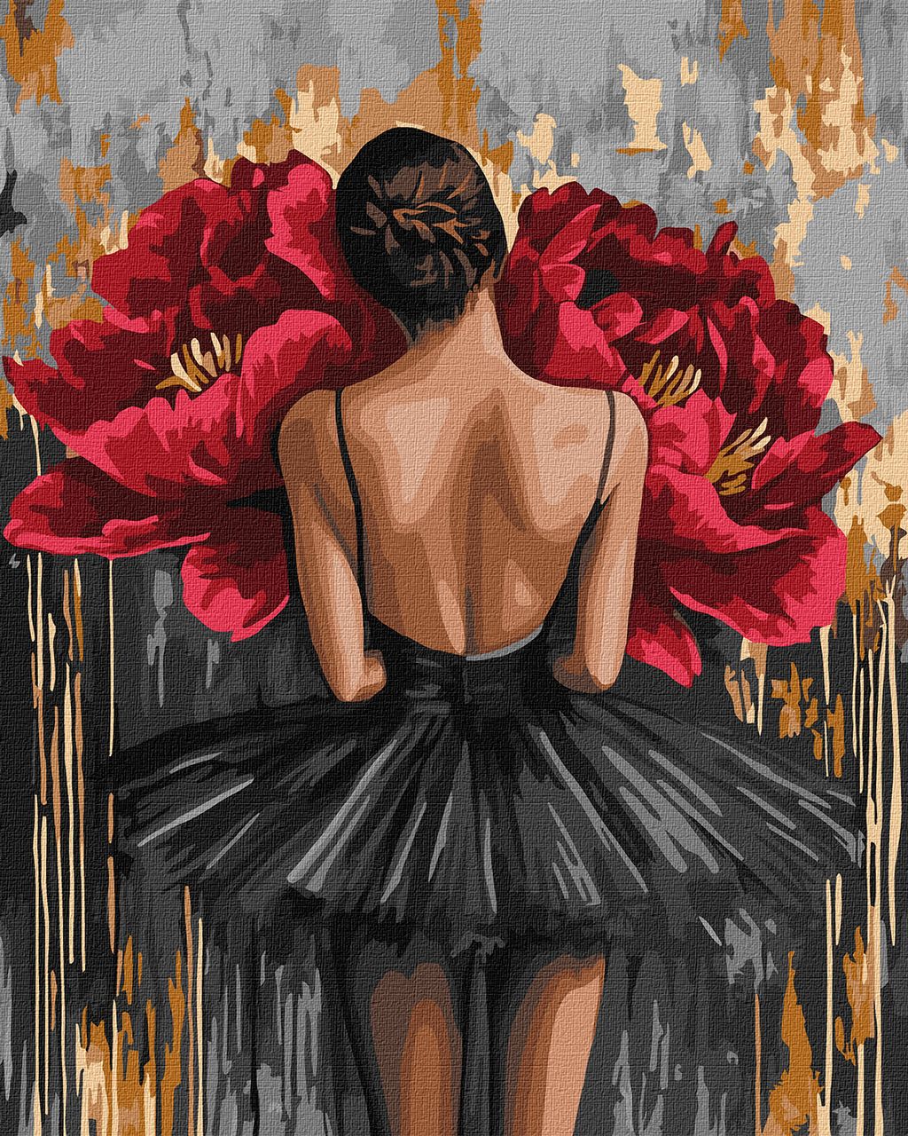 Балерина з червоними півоніями з фарбами металік