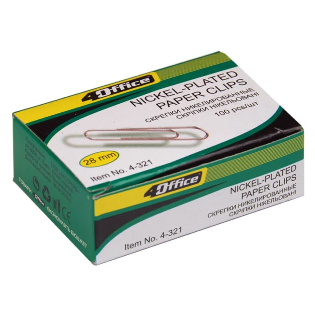 Скріпки 4OFFICE 28мм (100шт) прямі нікель