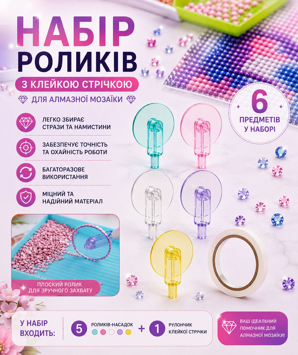 Набір роликів з клейкою стрічкою для алмазної мозаїки