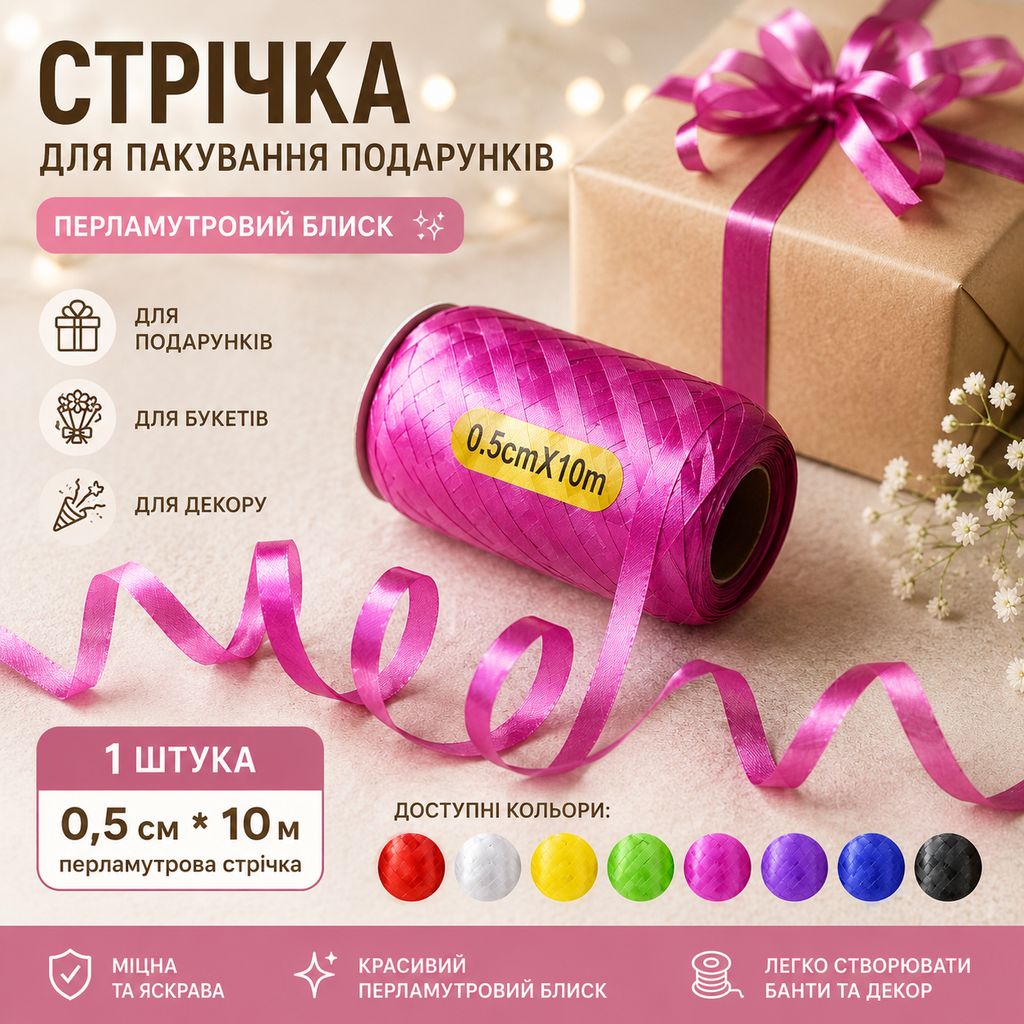 Стрічка для пакування подарунків  0,5см*10м,1 шт, в асортименті