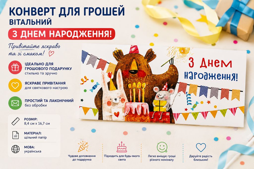 Конверт для грошей вітальний "З Днем народження"