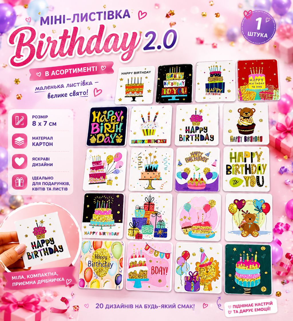 Міні-листівка "Birthdaу 2.0" в асортименті, 1 шт