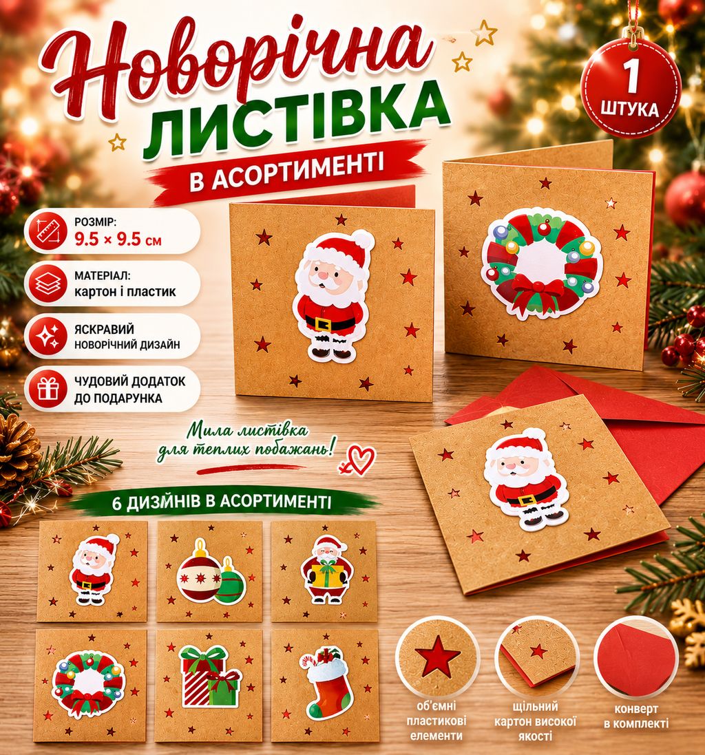 Новорічна листівка в асортименті, 1 шт