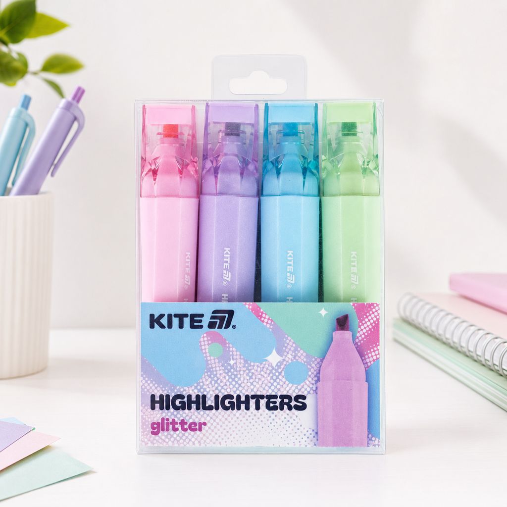 Маркер текстовий "Kite" "Highlighter" Creative Glitter, набір з 4-х кольорів