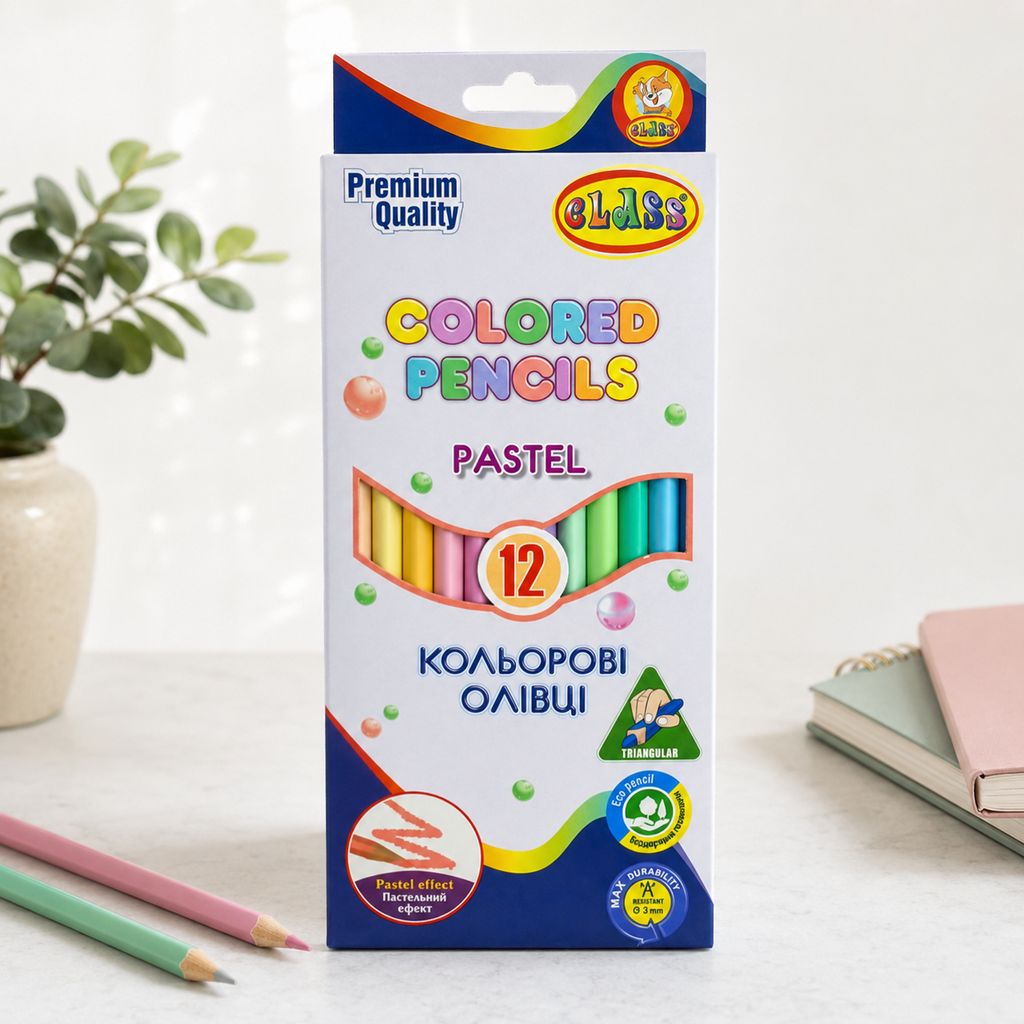 Олівці кольорові 12 кольорів «CLASS» PASTEL, трикутні